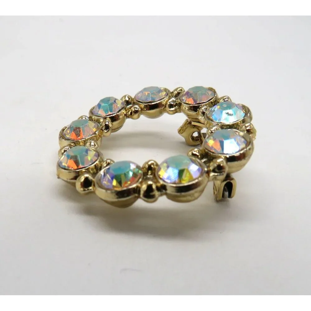 Vintage Brooch Aurora Borealis Crystal‎ Circle Brooch Gold Tone Pin